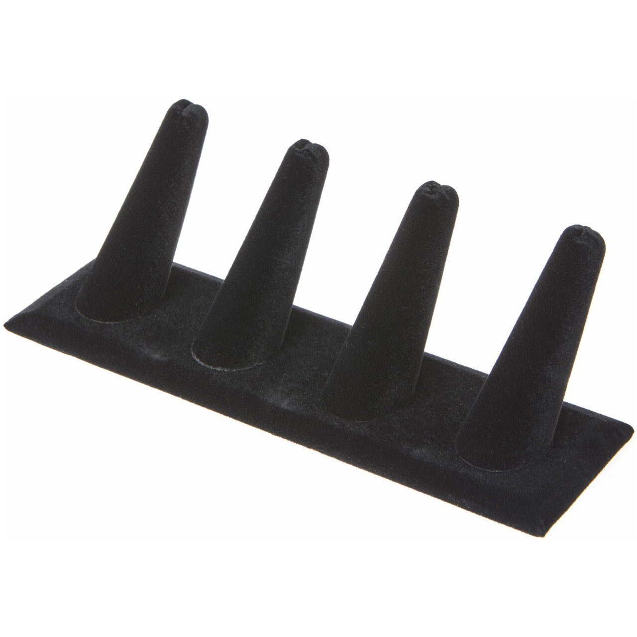 Plymor Black Velvet Ring Finger Display, Four on Rectangular Base, 6" W x 2.125" D x 2.5" H